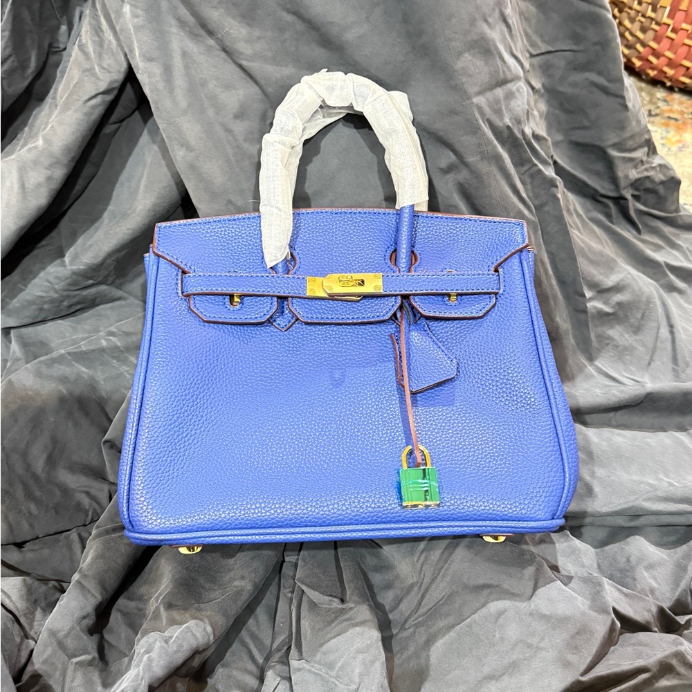 Hermes style Blue Satchel with Gold and Green Details